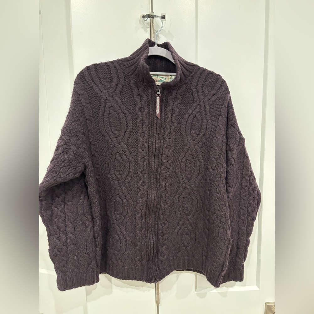 Aran Crafts Ireland Dark Purple Wool Zip Up Sweater Cardigan. Size M